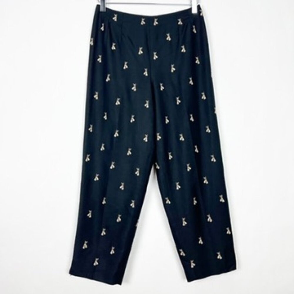 Talbots Pants Womens 8 Petite Black Gold Tassel Embroidered 100% Silk Trouser